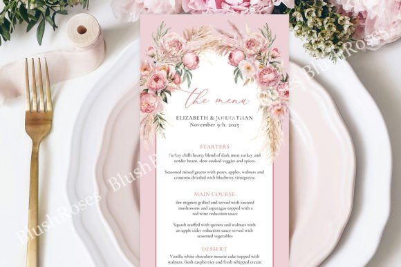 Download Blush Pink Peonies Pampas Boho Arch Menu - Menu Collection